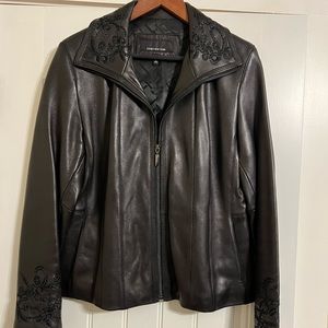 Beautiful black real leather jacket with embroidered collar and cuffs